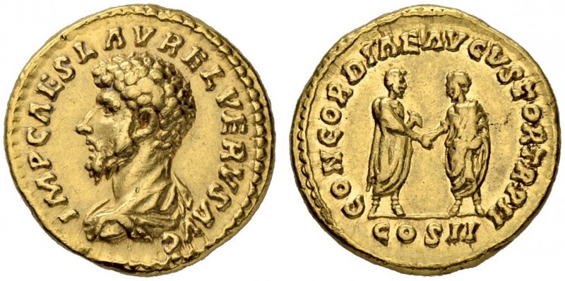 Lucius Verus, 161-169. Aureus 161/162, Rome. Obv. IMP CAES L AVREL VERVS AVG Bar...