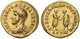 Lucius Verus, 161-169. Aureus 161/162, Rome. Obv. IMP CAES L AVREL VERVS AVG Bareheaded and draped bust of Lucius Verus to r. Rev. CONCORDIAE AVGVSTOR...