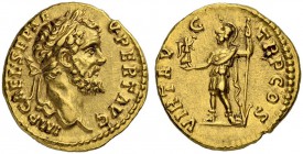 Septimius Severus, 193-211. Aureus 193/194, Rome. Obv. IMP CAE L SEP SE - V PERT AVG Laureate head to r. Rev. VIRT AVG TR P COS, Virtus standing l., h...