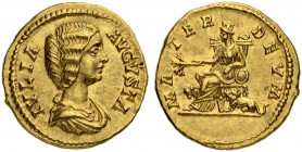 Julia Domna, wife of Septimius Severus, 193-211. Aureus 196/211, Rome. Obv. IVLIA AVGVSTA Draped bust to r. Rev. MATER - DEVM Cybele seated l. on thro...