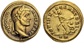 Diocletian, 284-305. Aureus uncertain date, Rome. Obv. DIOCLETI - ANVS P F AVG Laureate head to r. Rev. IOVI FV - LGERATORI Jupiter advancing to l. wi...