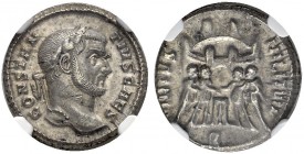 Constantius I. Chlorus as Caesar, 293-305. Argenteus 295/297, Rome. Obv. CONSTAN - TIVS CAES, laureate head to r. Rev. VIRTVS MILITVM, four tetrarchs ...