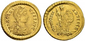 Arcadius, 383-408. Solidus 387, Constantinopolis. Officina inverted Z. Obv. D N ARCADI - VS P F AVG Draped, cuirassed young bust with rosette diadem t...