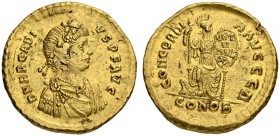 Arcadius, 383-408. Solidus 387, Constantinopolis. Commemorating Arcadius' Quinquenallia. Officina Δ. Obv. D N ARCADI - VS P F AVG Young bust to r., dr...