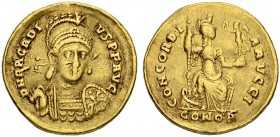 Arcadius, 383-408. Solidus 397/402, Constantinopolis. Officina I. Obv. D N ARCADI - VS P F AVG Helmeted, cuirassed bust 3/4 facing, spear over r. shou...