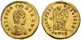Aelia Eudoxia, wife of Arcadius, 400-404. Aureus 402/403, Constantinopolis. Obv. AEL EVDO - XIA AVG Draped bust with pearl diadem, pearl necklace, bei...