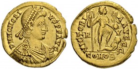 Honorius, 393-423. Solidus 402/423, Ravenna. Obv. D N HONORI - VS P F AVG Draped bust with pearl diadem to r. Rev. VICTORI - A AVGGG Emperor with laba...