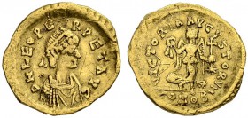Leo I, 457-474. Tremissis 457/468, Constantinopolis. Obv. D N LEO PE RPET AVG Draped, diademed bust to r. Rev. VICTORIA AVGVSTORVM Victory advancing t...