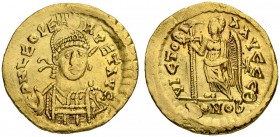 Leo I, 457-474. Solidus 462/466, Constantinopolis. Officina Θ. Obv. D N LEO PE - RPET AVG Helmeted and cuirassed bust facing, head turned slightly to ...