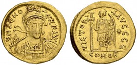 Zeno, second reign, 476-491. Solidus 476/491, Constantinopolis. Officina Є. Obv. D N ZENO - PERP AVG Helmeted, cuirassed bust facing, head turned slig...