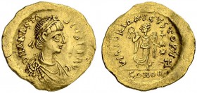 Anastasius I, 491-518. Tremissis 492/518, Constantinopolis. Obv. D N ANASTA - SIVS P P AVG Draped, cuirassed and diademed bust to r. Rev. VICTORIA AVG...