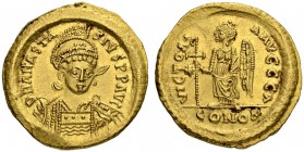 Anastasius I, 491-518. Solidus 507/518, Constantinopolis. Officina A. Obv. D N ANASTA - SIVS P P AVG Helmeted, cuirassed bust facing, head turned slig...