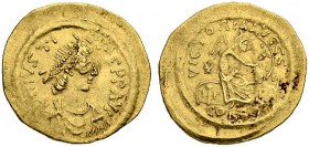 Justinus II, 565-578. Semissis 565/578, Constantinopolis. Obv. D N IVSTI - NVS PP AVI Draped, cuirassed bust with diadem to r. Rev. VICTORIA AVGGG Vic...