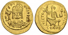 Justinus II, 565-578. Solidus 565/578, Thessalonica. No officina letter. D N IVSTI - NVS P P AVI Helmeted, cuirassed bust facing, globus with Victory ...