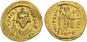 Focas 602-610. Solidus 607/609, Constantinopolis. Officina I. Obv. Crowned, facing bust with globus cruciger in r. hand. Rev. Angel standing facing, l...