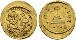 Heraclius, 610-641, with Heraclius Constantinus. Solidus 616/625, Constantinopolis. Officina Є. Obv. Crowned busts of Heraclius on l. and Heraclius Co...