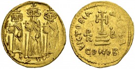 Heraclius, 610-641, with Heraclius Constantinus and Heraclonas. Solidus 638/639, Constantinopolis. Officina A (?) Obv. No legend. Crowned figures of H...