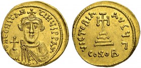 Constans II, 641-668. Solidus 642/647, Constantinopolis. Officina Γ. Obv. Crowned, facing bust in chlamys, globus cruciger in r. hand. Rev. Cross pote...