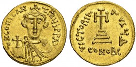 Constans II, 641-668. Solidus 642/647, Constantinopolis. Officina Δ. Obv. Crowned, facing bust in chlamys, globus cruciger in r. hand. Rev. Cross pote...