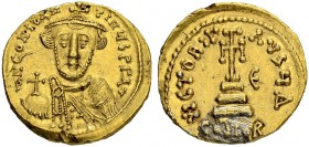 Constans II, 641-668. Solidus 646/647, Constantinopolis. Officina Δ. Obv. Crowned, facing bust in chlamys, globus cruciger in r. hand. Rev. Cross pote...
