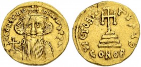 Constans II, 641-668. Solidus 652/654, Constantinopolis. Officina S. Obv. Crowned, facing bust in chlamys with long beard and moustache, globus crucig...