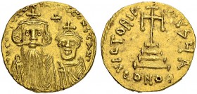 Constans II, 641-668, with Constantinus IV. Solidus 654/659, Constantinopolis. Officina A. Obv. Crowned facing busts of Constans on l. and Constantinu...