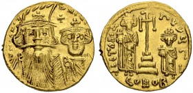 Constans II, 641-668, with Constantinus IV, Heraclius and Tiberius. Solidus 662/667, Constantinopolis. Officina Γ. Facing busts of Constans II with pl...