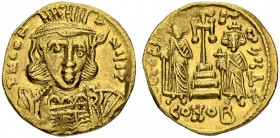 Constantinus IV, 668-685, with Heraclius and Tiberius. Solidus 669/674, Constantinopolis. Officina Δ. Obv. Bust almost facing, wearing helmet and cuir...