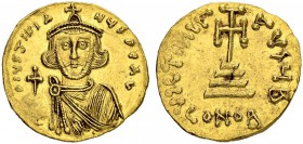 Justinianus II, 1st Reign, 685-695. Solidus 687/692, Constantinopolis. Officina B. Obv. Crowned bust in chlamys facing, globus cruciger in r. hand. Re...