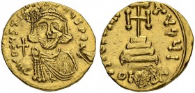 Justinianus II, 1st Reign, 685-695. Solidus 687/692, Constantinopolis. Officina I. Obv. Crowned, facing bust in chlamy, holding globus cruciger in r. ...