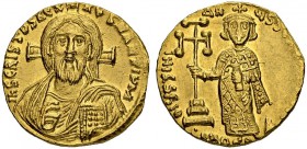 Justinianus II, 1st Reign, 685-695. Solidus 692/695, Constantinopolis. Officina Δ. Obv. Bust of Christ with full beard and long hair facing, cross beh...