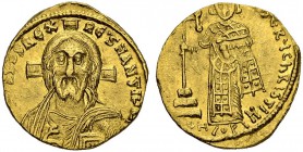 Justinianus II, 1st Reign, 685-695. Solidus 692/695, Constantinopolis. Officina H. Obv. Bust of Christ with full beard and long hair facing, cross beh...