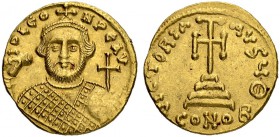 Leontius, 695-698. Solidus 695/698, Constantinopolis. Officina Θ. Obv. Crowned bust facing, wearing loros and holding akakia in in r. hand, globus cru...