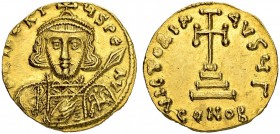 Tiberius III, 698-705. Solidus 698/705, Constantinopolis. Officina Γ. Obv. Crowned, cuirassed bust facing. Spear in r. hand held diagonally in font of...