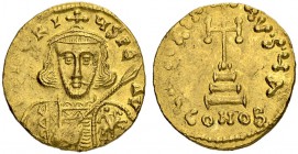 Tiberius III, 698-705. Solidus 698/705, Constantinopolis. Officina A. Obv. Crowned, cuirassed bust facing. Spear in r. hand held diagonally in front o...
