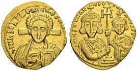 Justinianus II, 2nd reign, 705-711 and Tiberius. Solidus 705/711, Constantinopolis. No officina letter. Obv. Bust of Christ with cross behind head fac...
