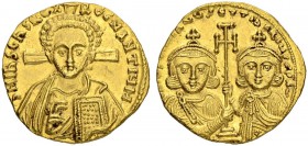 Justinianus II, 2nd reign, 705-711 and Tiberius. Solidus 705/711, Constantinopolis. No officina letter. Obv. Bust of Christ facing with curly hair and...
