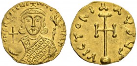Philippicus Bardanes, 711-713. Semissis Constantinopolis. Obv. Crowned bust facing wearing loros, holding globus cruciger in r. hand and eagle-tipped ...