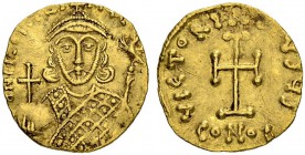 Philippicus Bardanes, 711-713. Tremissis Constantinopolis. Obv. Crowned bust facing wearing loros and holding globus cruciger in r. hand and eagle-tip...