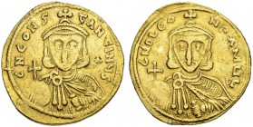 Leo III, 717-741, with Constantinus V. Solidus 737/41, Constantinopolis. No officina letter. Obv. Crowned slightly bearded bust in chlamys facing; glo...