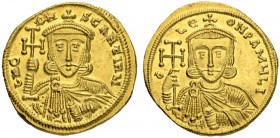 Constantinus V Copronymus, 741-775. Solidus 741/751, Constantinopolis. Officina I. Obv. Crowned bust in chlamys facing, cross potent in r. hand, akaki...