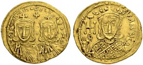 Constantinus V Copronymus, 741-775. Solidus 757/775, Constantinopolis. With Leo IV. Officina B. Obv. Crowned busts of Contantinus l., bearded, and Leo...