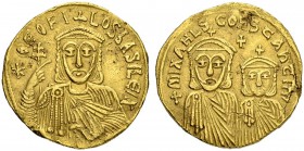 Theophilus, 829-842, with Constantinus and Michael III. Solidus 831/840, Constantinopolis. Obv. Crowned facing bust with short beard in loros. In r. h...