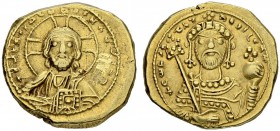 Constantinus IX, 1042-1055. Tetarteron nomisma 1042/1055, Constantinopolis. Obv. Nimbate bust of Christ facing, wearing pallium and colobium, raising ...