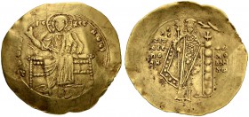 Alexius I, 1081-1118. Hyperpyron 1092/1118, Constantinopolis. Obv. Christ, nimbate, seated facing on backless throne, raising r. hand in benediction a...