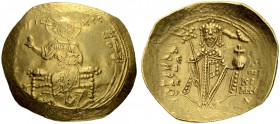Alexius I, 1081-1118. Hyperpyron 1092/1118, Thessalonica. Obv. Christ, nimbate, seated facing on backless throne, raising r. hand in benediction and h...