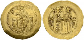 John II, 1118-1143. Hyperpyron 1122/1137, Constantinopolis. Obv. Christ seated on throne facing, wearing nimbus cruciger, pallium and colobium. Right ...