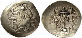 John II, 1118-1143. Electrum aspron trachy 1122/1143, Constantinopolis. Obv. Christ seated on throne facing, wearing nimbus cruciger, pallium and colo...