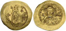 Manuel I, 1143-1180. Hyperpyron 1167/1183, Constantinopolis. Obv. Facing young bust of Christ holding scroll and raising r. hand in benediction. Rev. ...