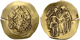 Michael VIII, 1261-1282. Hyperpyron 1261/1281, Constantinopolis. Obv. Virgin orans within the walls of Constantinopolis. Rev. Emperor on l., supported...